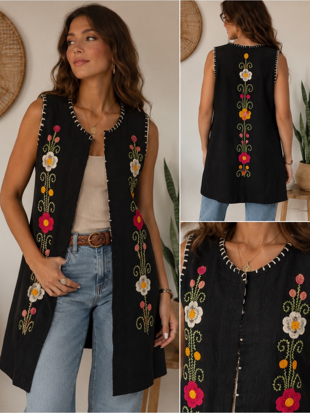 Vintage Mexican Embroidered Floral Cotton Vest Duster Black Boho Size 38